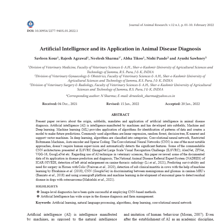 Artificial Intelligence and its Application in Animal Disease Diagnosis